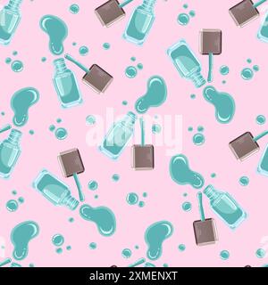 Vector seamless pattern of green nail polish bottles, brushes, and splashes on a pink background Stock Vector