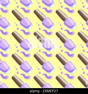 Vector seamless pattern of purple nail polish bottles, brushes, and splashes on a yellow background Stock Vector