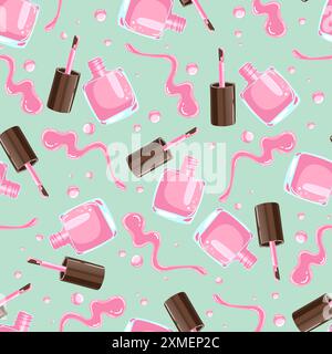 Vector seamless pattern of pink nail polish bottles, brushes, and splashes on a mint background Stock Vector
