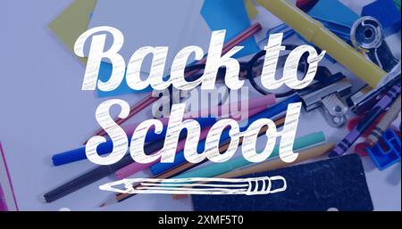 Image of back to school text over school items. Education, learning and school concept digitally generated image. Stock Photo