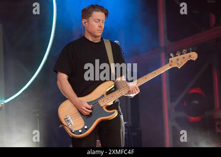 London, UK. 27 Jul 2024. Bassist William Cashion of American synth-pop band Future Islands headlines The South Facing Festival at Crystal Palace Bowl. Credit: Justin Ng/Alamy Live News Stock Photo