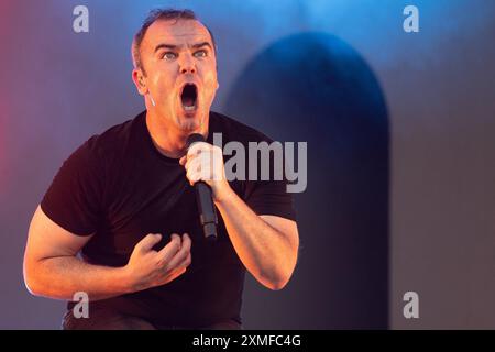 London, UK. 27 Jul 2024. Lead singer Samuel T. Herring of American synth-pop band Future Islands headlines The South Facing Festival at Crystal Palace Bowl. Credit: Justin Ng/Alamy Live News Stock Photo