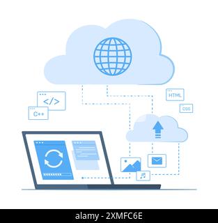 Laptop Computer Syncing Data with Cloud Computing Service for Wireless Network Connection Technology Concept Illustration Stock Vector