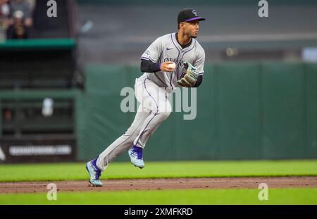 July 27 2024 San Francisco CA, U.S.A. Colorado shortstop Ezequiel Tovar (14)makes an infield play during the MLB NL west game 2 between the Colorado Rockies and the San Francisco Giants at Oracle Park San Francisco Calif. Thurman James/CSM Stock Photo