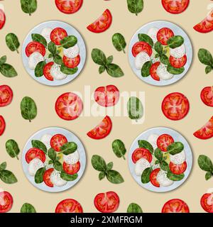 A seamless pattern featuring Caprese salads with tomatoes, mozzarella, and basil on a beige background. Digital art in watercolor style for printing on fabric and paper. Stock Photo