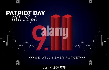 Twin Towers in New York City Skyline. 9-11 attacks in USA. We Will Never Forget Patriot Day. Usable for banner, poster, template, background etc Stock Vector