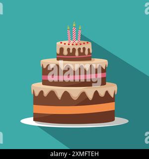 Colorful Three-Tier Birthday Cake Vector Illustration with Candles Stock Vector