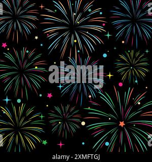 Set of Fireworks vector with sparks and stars, festival firecracker display at night sky Stock Vector