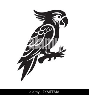 vector silhouette of a parrot on a white background, The bird is perched on a branch Stock Vector