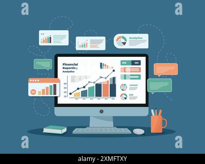 Computer Monitor displays financial reporting infographics, including various charts, stock growth, and messages on the screen. Flat vector illustrati Stock Vector