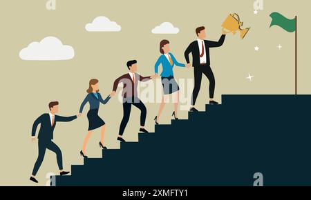 Teamwork Success - Business people team up and hold hands of each other, walking up staircases to celebrate success, goal, trophy Stock Vector