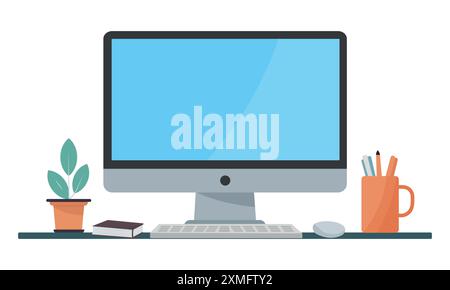 Computer Monitor blank display screen with flower pot and pencil box. Desktop, pc, laptop flat vector illustration Stock Vector
