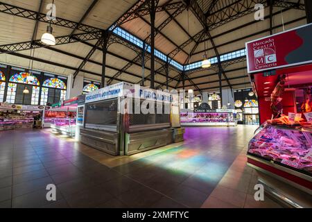 Panoramic view of the Salamanca Central Market interior. Inside the food market hall, a famous landmark with amazing architecture in Salamanca, Spain. Stock Photo