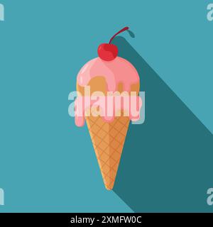 Cone ice cream with a cherry on top. Cream is melting, Ice cream gelato flat minimalist vector illustration Stock Vector
