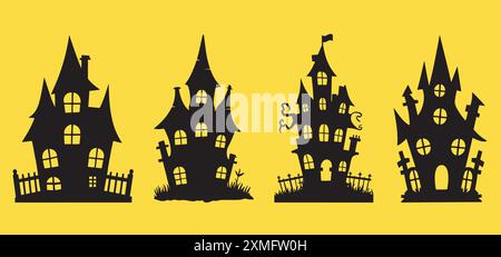 Set of Halloween Castle, Spooky Haunted Houses Silhouettes on Yellow Background Stock Vector