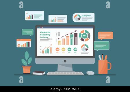 Computer Monitor displays financial reporting infographics, including various charts, stock growth, and messages on the screen Stock Vector