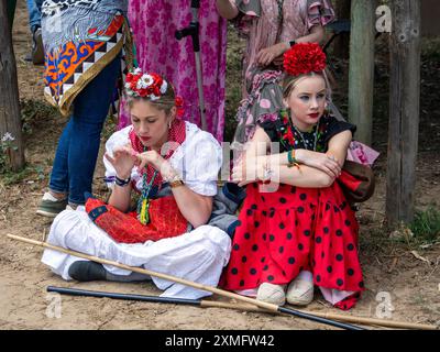 Woman turned wearing the typical 'rociero' costume and flowers in her hair, during the celebration of the pilgrimage of El Rocio in Almonte, spain Stock Photo