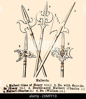 A 19th century illustration showing the change in design of British halberds over time. Otherwise known as a  halbard, halbert or Swiss voulge, it consists of an axe blade with a spike mounted on top of a  shaft, often with a hook for dragging the enemy from their horses. Stock Photo