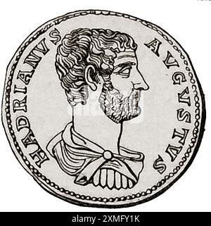 A Roman coin of Hadrian (Hadrianus Augustus) - Publius Aelius Hadrianus (76 – 138)  Spanish born  Roman emperor - Una moneta romana di Adriano (Hadrianus Augustus) - Publius Aelius Hadrianus (76 – 138) imperatore romano nato in Spagna - Una moneda romana de Adriano (Hadrianus Augustus) - Publius Aelius Hadrianus (76 – 138) Emperador romano nacido en España - Stock Photo