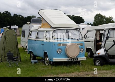 VW campervan at Warwick Folk Festival campsite, Warwickshire, UK Stock Photo