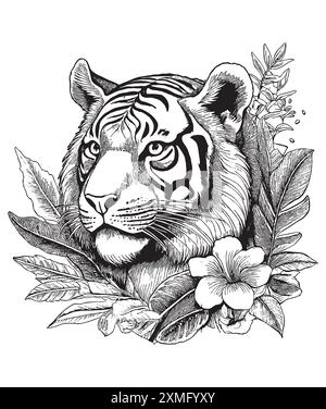 Vintage engraving style vector illustration of a tiger head with leaves and ink splatters Stock Vector