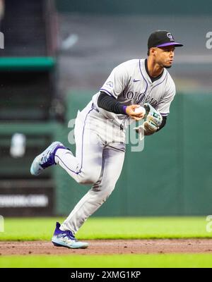 July 27 2024 San Francisco CA, U.S.A. Colorado shortstop Ezequiel Tovar (14)makes an infield play during the MLB NL west game 2 between the Colorado Rockies and the San Francisco Giants at Oracle Park San Francisco Calif. Thurman James/CSM Stock Photo