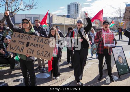 Canberra, Australia. 27 July 2024, ACT Labor Party Conference, Canberra Australia. Around 80 pro-Palestine protesters gather outside the ACT Labor Party Conference to demand delegates condemn the genocide in Gaza and support sanctions against Israel Credit: Leo Bild/Alamy Live News Stock Photo