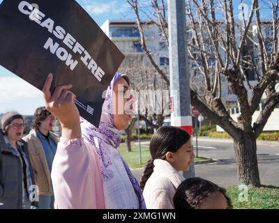 Canberra, Australia. 27 July 2024, ACT Labor Party Conference, Canberra Australia. Around 80 pro-Palestine protesters gather outside the ACT Labor Party Conference to demand delegates condemn the genocide in Gaza and support sanctions against Israel Credit: Leo Bild/Alamy Live News Stock Photo