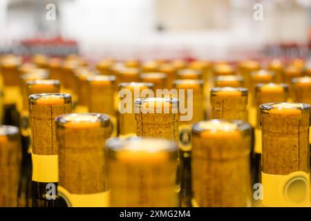 A view of the tops of several wine bottles, on display at a local grocery store. Stock Photo