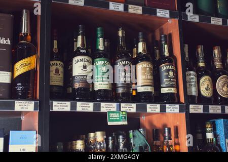 Los Angeles, California, United States - 05-23-2021: A view of several varieties of Jameson Irish Whiskey bottles, on display at a local liquor store. Stock Photo