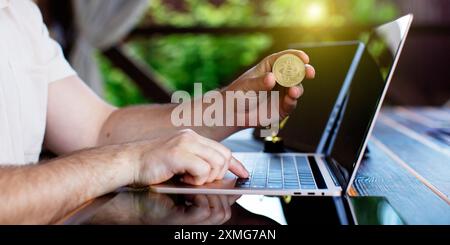 Buying Bitcoin online, blockchain investment concept. Stock Photo