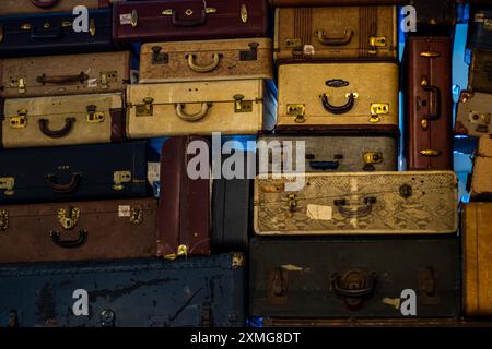 Los Angeles, USA. 27th July, 2024. Vintage steamer trunks, suitcases, or luggage on display at the Japanese American National Museum (JANM) in California. Credit: Stu Gray/Alamy Live News. Stock Photo