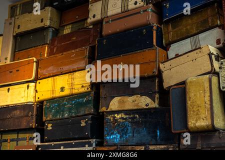 Los Angeles, USA. 27th July, 2024. Vintage steamer trunks, suitcases, or luggage on display at the Japanese American National Museum (JANM) in California. Credit: Stu Gray/Alamy Live News. Stock Photo