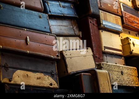 Los Angeles, USA. 27th July, 2024. Vintage steamer trunks, suitcases, or luggage on display at the Japanese American National Museum (JANM) in California. Credit: Stu Gray/Alamy Live News. Stock Photo