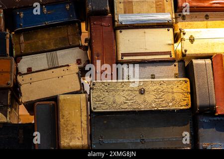 Los Angeles, USA. 27th July, 2024. Vintage steamer trunks, suitcases, or luggage on display at the Japanese American National Museum (JANM) in California. Credit: Stu Gray/Alamy Live News. Stock Photo