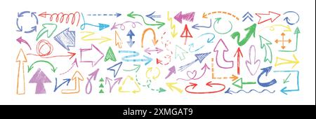 Hand drawn charcoal pencil arrows different shapes. Set of colorful doodle direction pointers, curved strokes, color chalk dashed lines, circular and wave design elements. Grunge crayon scribbles. Stock Vector