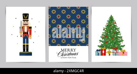 Merry Christmas greeting cards with Christmas Nutcracker toy soldier, decorated Christmas tree. Vector illustration in retro flat style Stock Vector