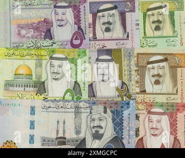 Saudi Arabia banknotes of different denominations, 500, 100,, 50, 20, 10, 5 and 1 riyals. Stock Photo