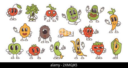 Groovy cartoon psychedelic fruit and vegetables characters set. Funny retro fresh summer food emoji with crazy smiles. Comic stickers of trippy strawberry and apple, broccoli vector illustration Stock Vector
