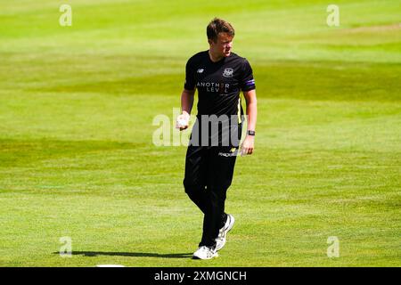 Bristol, UK, 28 July 2024. Gloucestershire's Josh Shaw during the Metro Bank One-Day Cup match between Gloucestershire and Essex. Credit: Robbie Stephenson/Gloucestershire Cricket/Alamy Live News Stock Photo