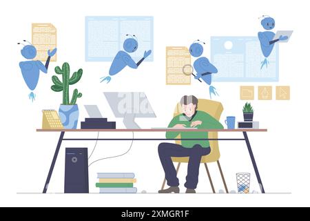 Write article text, create blog post content using AI tools. Creative busy writer sitting at computer desk to type, virtual robotic assistants helping author at work cartoon vector illustration Stock Vector