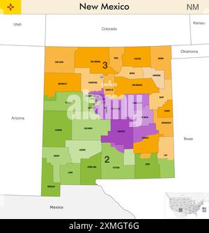 New Mexico state map with counties borders and colored congressional districts boundaries due to The 2020 United States census and which is valid sinc Stock Vector