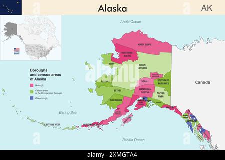 Alaska state map with boroughs and census areas borders. Alaska's at-large congressional district. Flag of Alaska. Vector Stock Vector