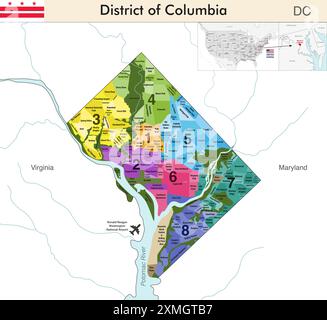 District of Columbia map with neighborhoods boundaries and colored by wards. Flag of the District of Columbia. Vector illustration Stock Vector