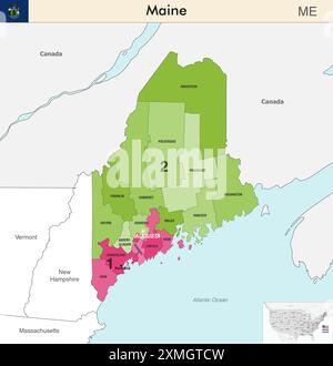 Maine state map with counties borders and colored congressional districts boundaries due to The 2020 United States census and which is valid since 202 Stock Vector