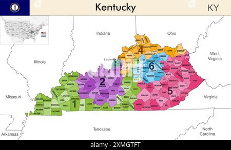 Kentucky state map with counties borders and colored congressional districts boundaries due to The 2020 United States census and which is valid since Stock Vector