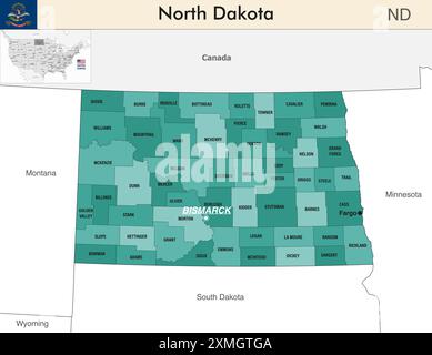 North Dakota state map with counties borders. North Dakota's at-large congressional district. Flag of North Dakota. Vector Stock Vector