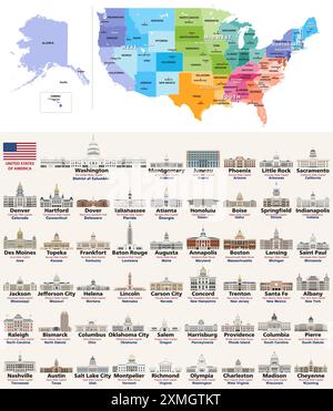 Map of the United States with regions, divisions and all state capitals on it. All state capitols of the United States. Detailed vector isolated icons Stock Vector