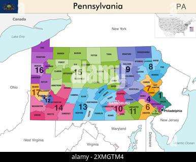 Pennsylvania state map with counties borders and colored congressional districts boundaries due to The 2020 United States census and which is valid si Stock Vector