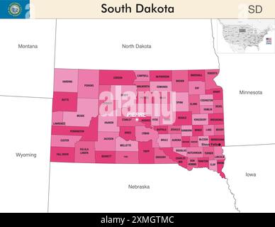 South Dakota state map with counties borders. South Dakota's at-large congressional district. Flag of South Dakota. Vector Stock Vector